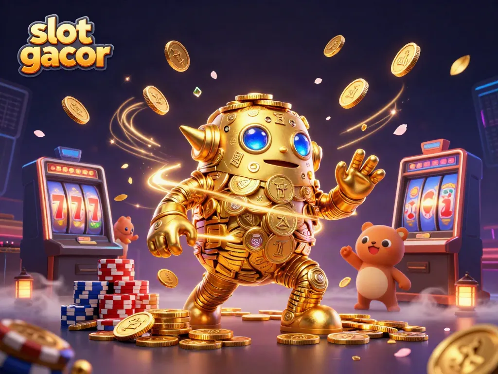Experience thrilling slot gacor adventures with a colorful 3D golem and vibrant casino elements.