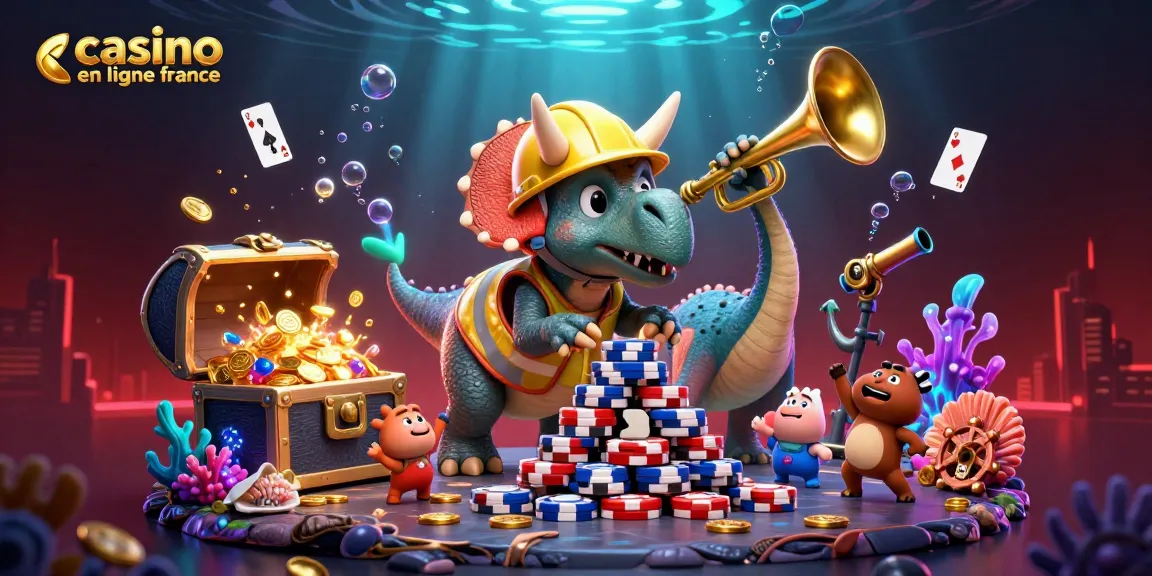 Casino en ligne France : un triceratops et un parasaurolophus fêtent une victoire avec des jetons de poker.