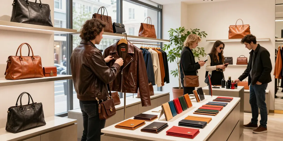 Stylish leather products in a modern retail space, emphasizing the quality and variety of leather wallets and bags.