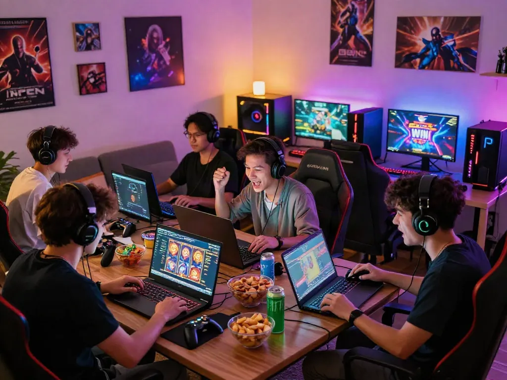 Thrilling gaming session with enthusiastic players celebrating a slot gacor win.