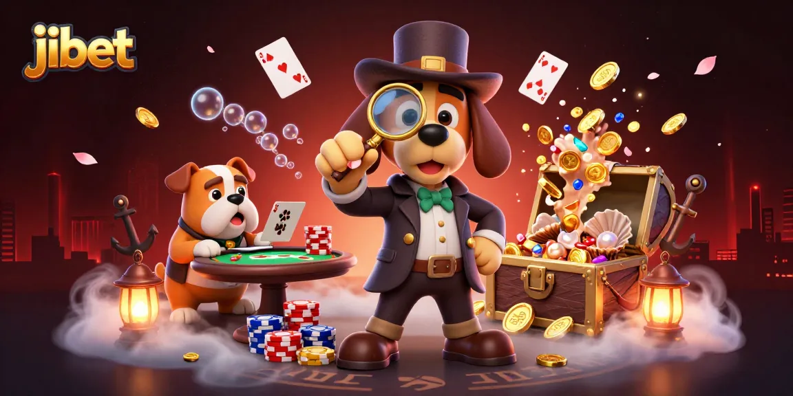 Playing poker at jibet, a detective and bulldog solve clues amidst a vibrant casino scene.