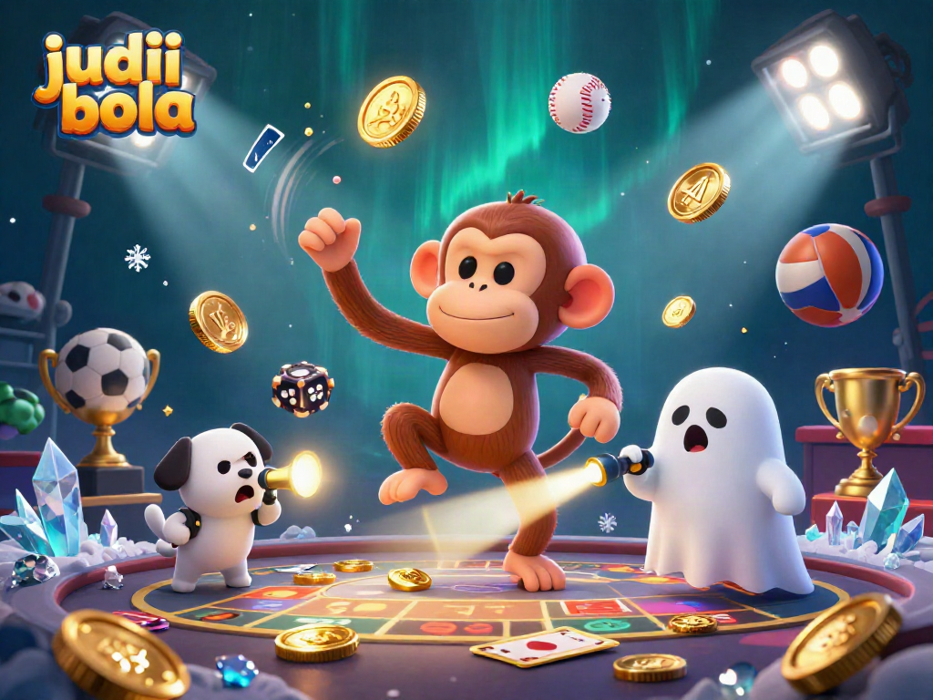 Experience judi bola excitement as a playful ghost-monkey juggles golden objects in a haunted casino.