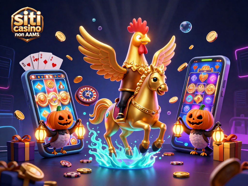 Gioca nei siti casino non AAMS con un gallo d'oro e compagni spettrali in un'illustrazione vivace.