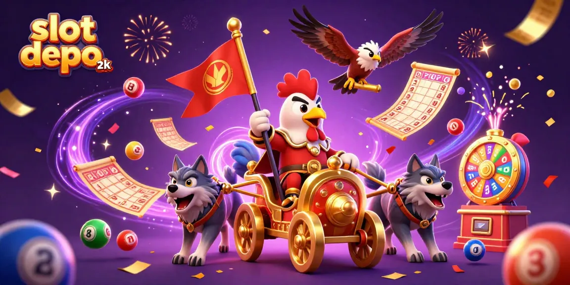 Visualisasi menarik slot depo 2k dengan karakter ayam jantan dan elemen permainan yang menghibur.