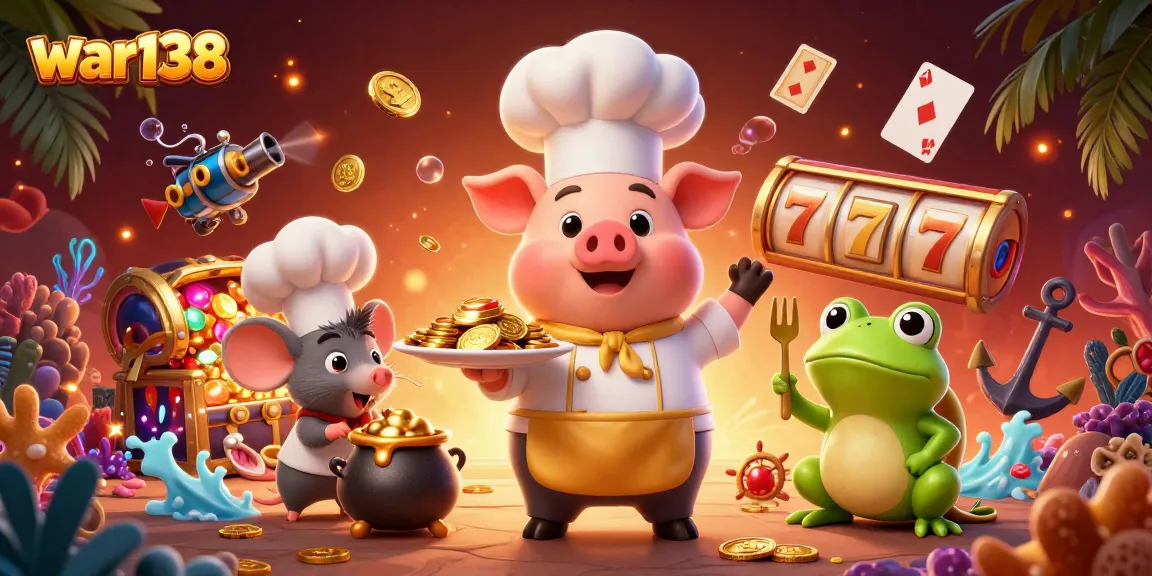 Experience winning moments at war138 with playful characters in a vibrant casino-themed illustration.