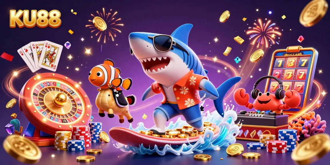 KU88 captures players' excitement with a vibrant 3D shark surfing amidst golden coins and casino elements.