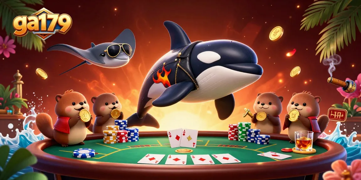 Experience vibrant casino action with ga179 featuring a lively scene of colorful characters amidst dynamic poker elements.