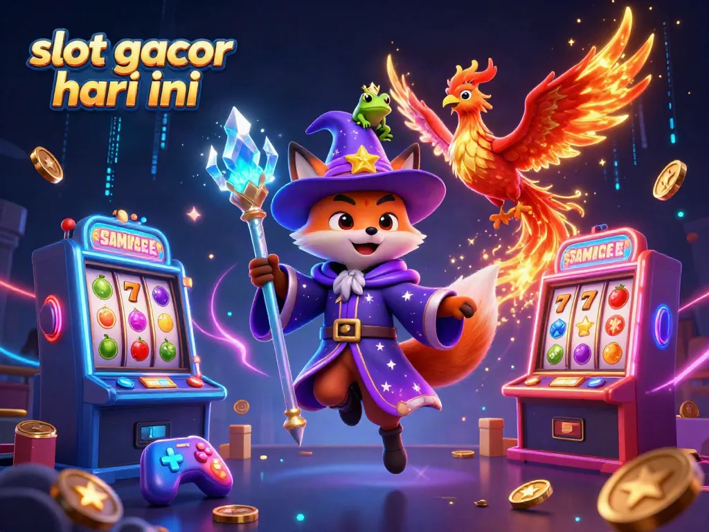 Spin and win with slot gacor hari ini, featuring a wizard fox, phoenix, and vibrant casino elements.