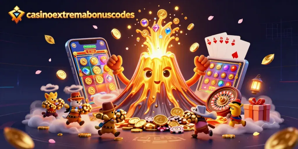 Experience the thrill of casinoextremebonuscodes as treasures erupt from a golden volcano in a vibrant 3D scene.
