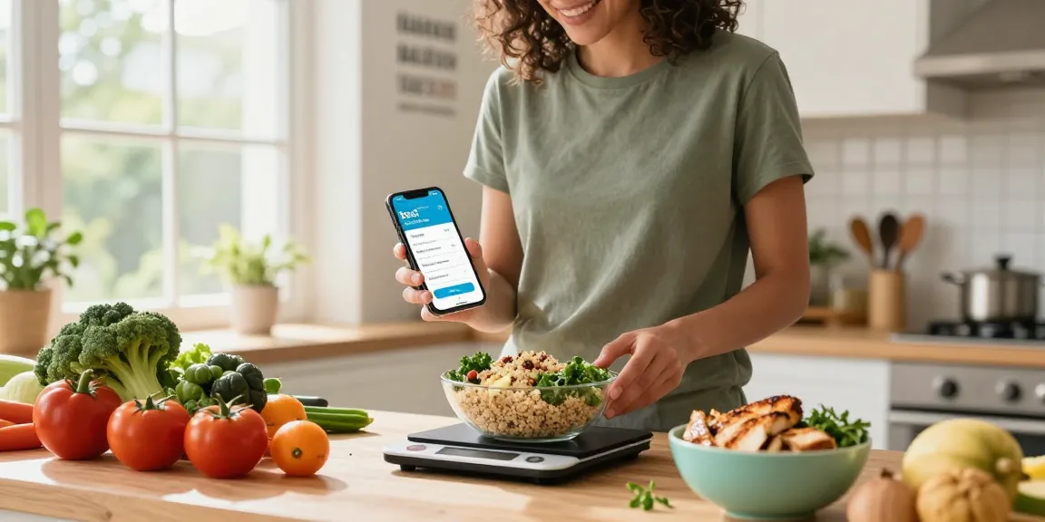 The best macro tracker app in use while preparing a healthy meal with fresh ingredients.