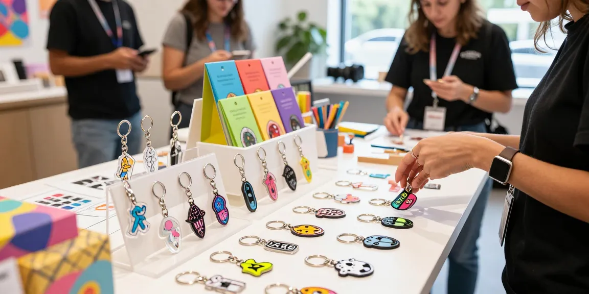Discover unique personalised keychains in a vibrant e-commerce setting featuring diverse designs and engaging shoppers.