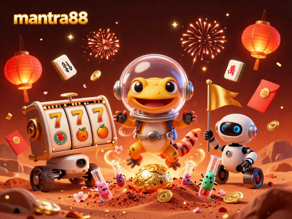 Engage with mantra88 as a Martian gecko finds a buried golden casino in a vibrant 3D scene.