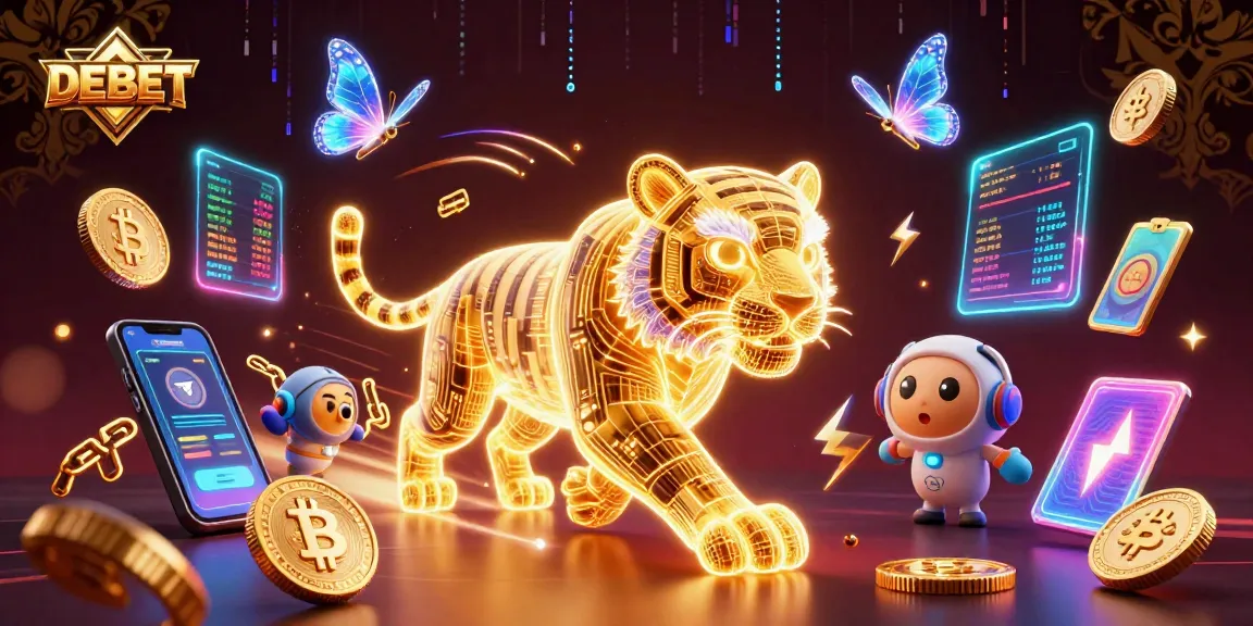 Experience the vibrant DEBET digital casino realm with a neon-wireframe tiger and crypto elements.