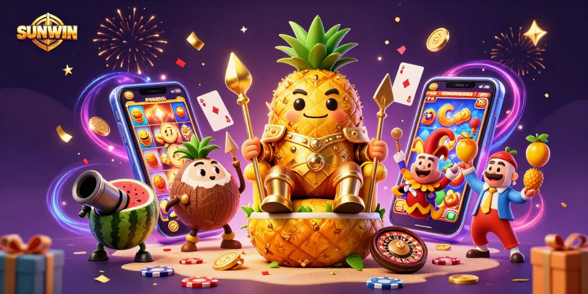 SUNWIN celebrates with a vibrant casino scene, featuring a golden pineapple king and falling confetti