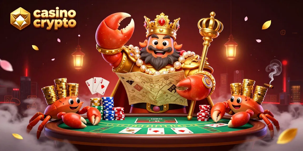 Unir los mundos del casino crypto con el emperador cangrejo dorado y elementos vibrantes de juego.