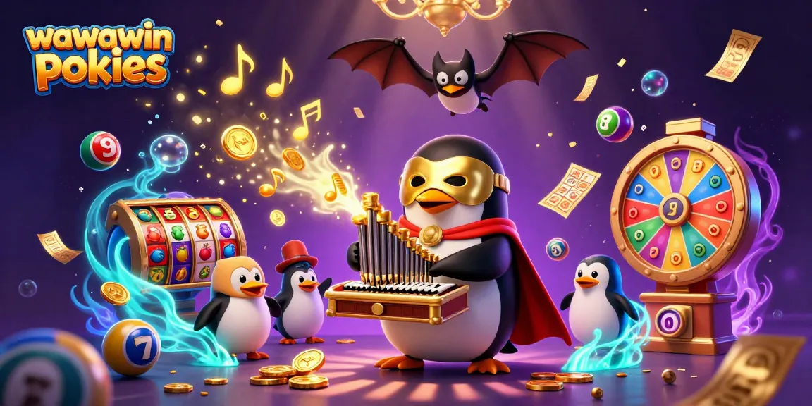 Experience thrilling wawawin pokies with a cartoon penguin playing an organ, surrounded by vibrant casino elements.