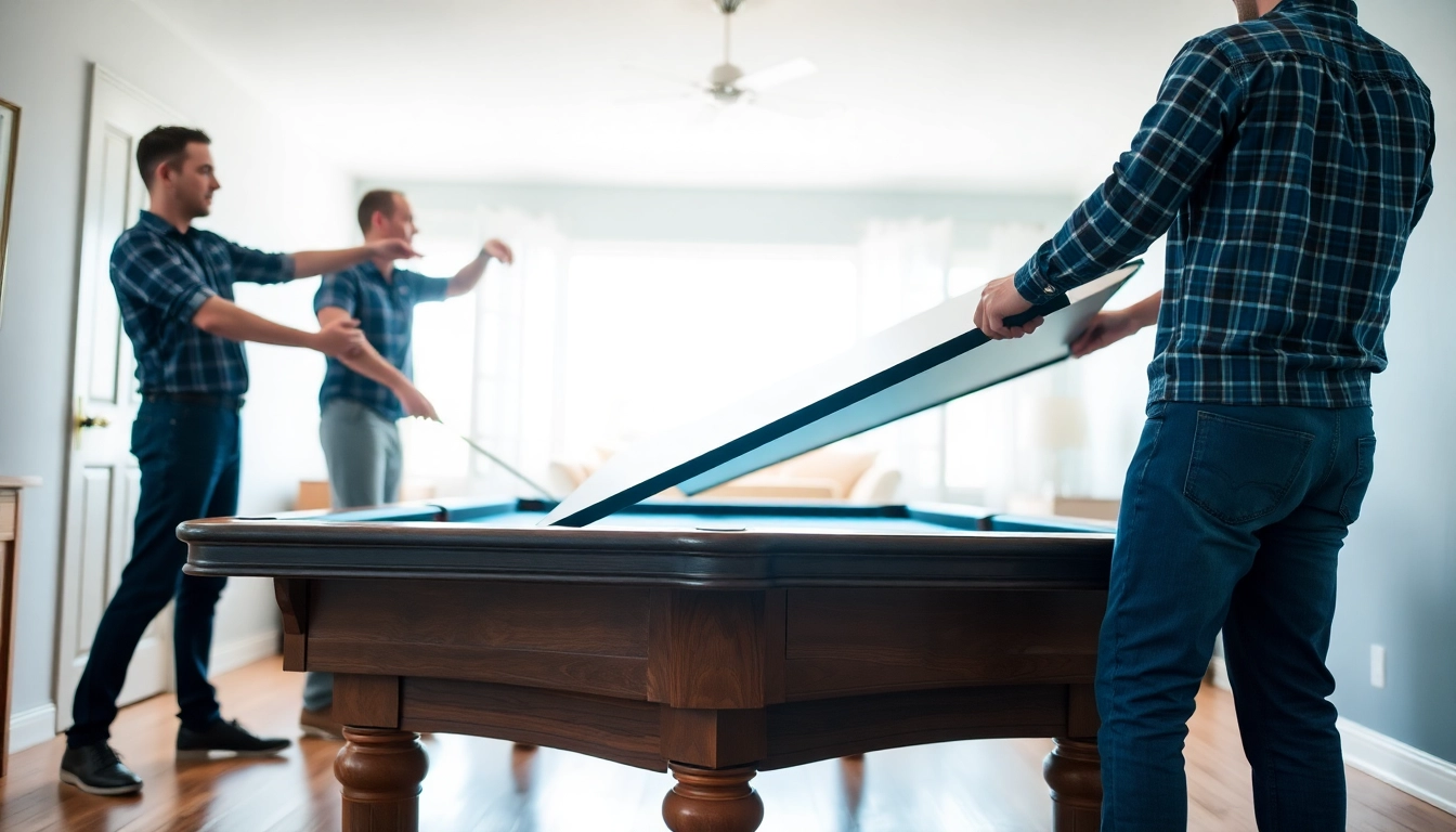 Game table movers services carefully relocating a pool table with precision and care.