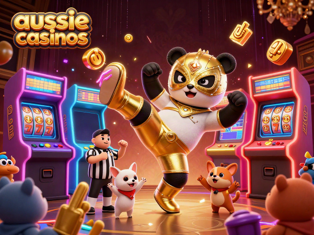 A lively scene featuring aussie casinos, with a wrestler panda kick, a counting chihuahua, and excited spectators.