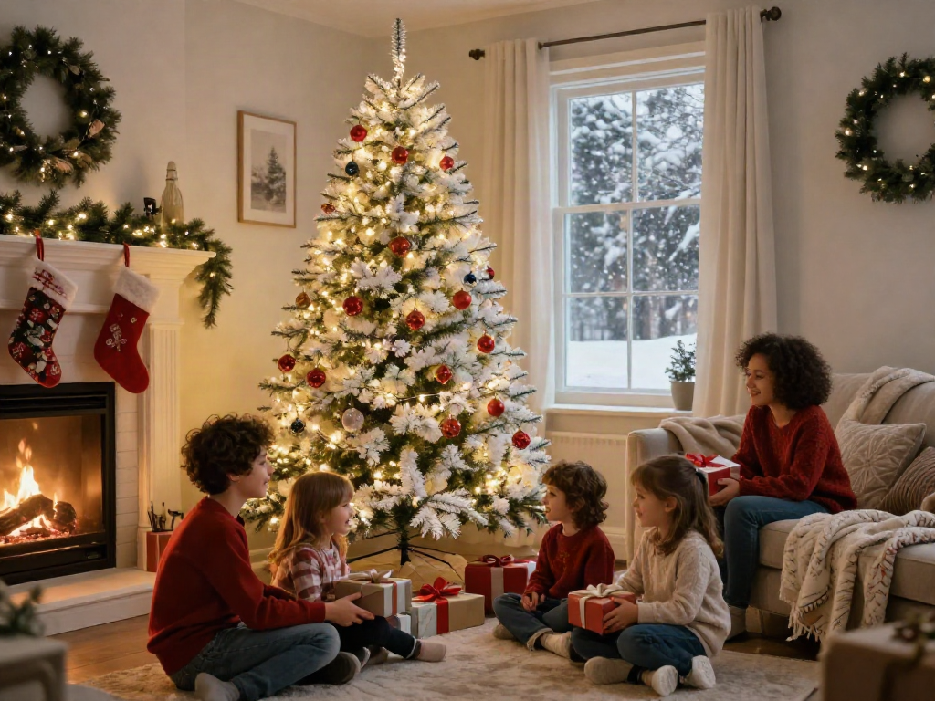Joyful family celebrating around a beautifully decorated artificial white Xmas tree for the holidays.
