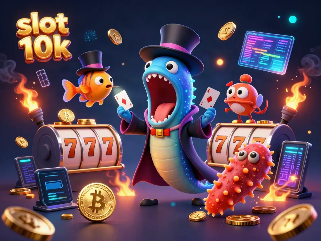 Experience the thrill of slot 10k with vibrant cartoon characters, illuminating coins, and engaging casino elements.
