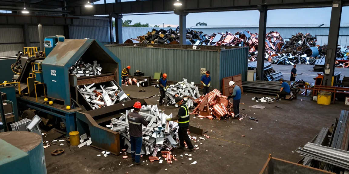 Aktivitas di gudang daur ulang logam di https://www.scrapsolutionplace.com/ dengan pekerja menangani scrap metal berkualitas.