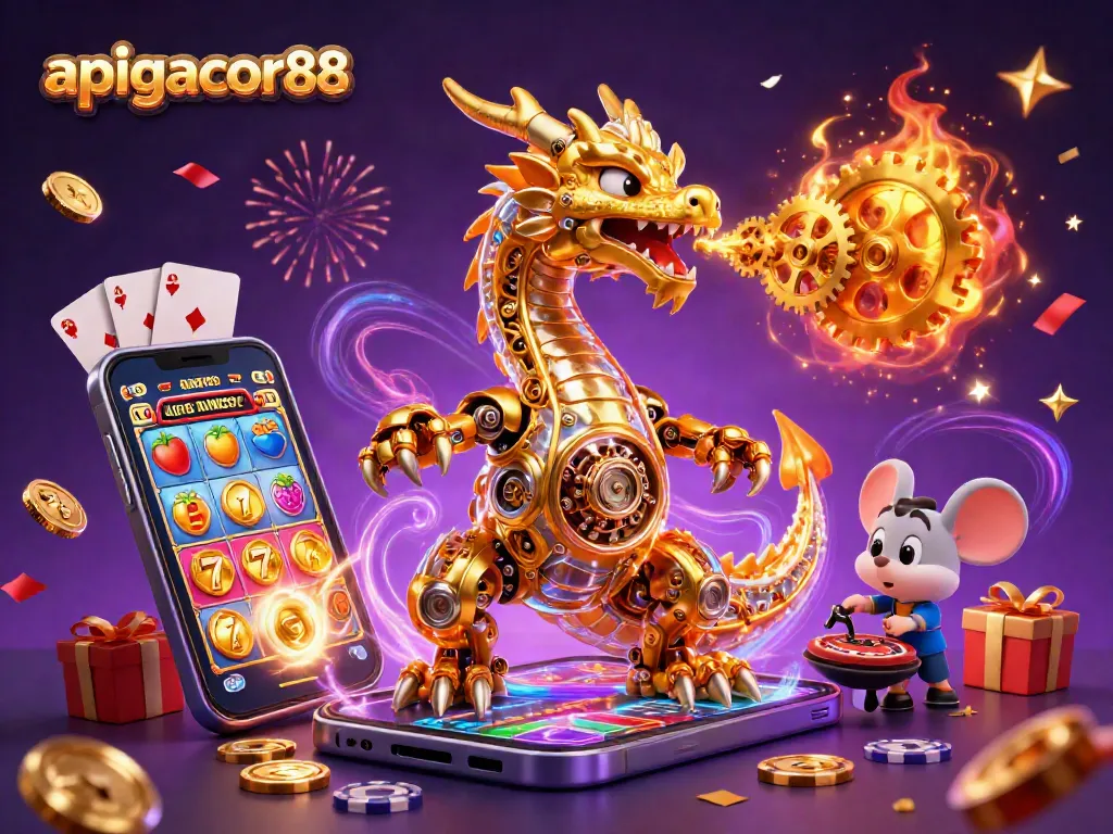 Engage with apigacor88's dynamic slot gaming experience featuring a golden dragon and vibrant game elements.