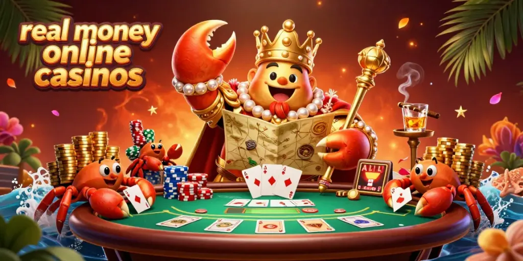 Experience real money online casinos with a vibrant 3D casino illustration featuring a winning crab emperor.