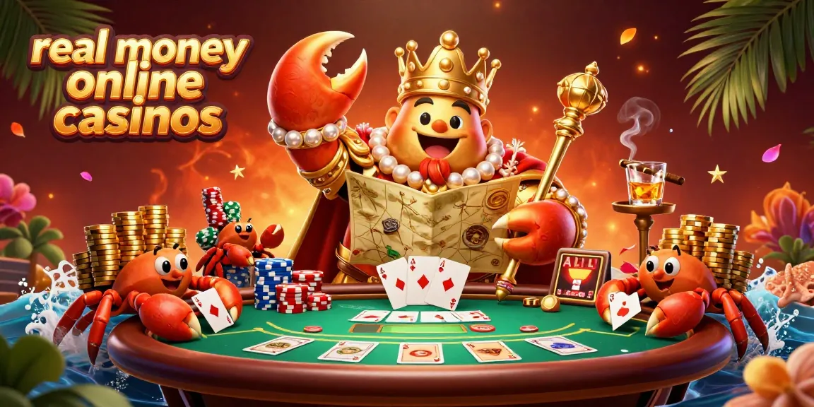 Experience real money online casinos with a vibrant 3D casino illustration featuring a winning crab emperor.