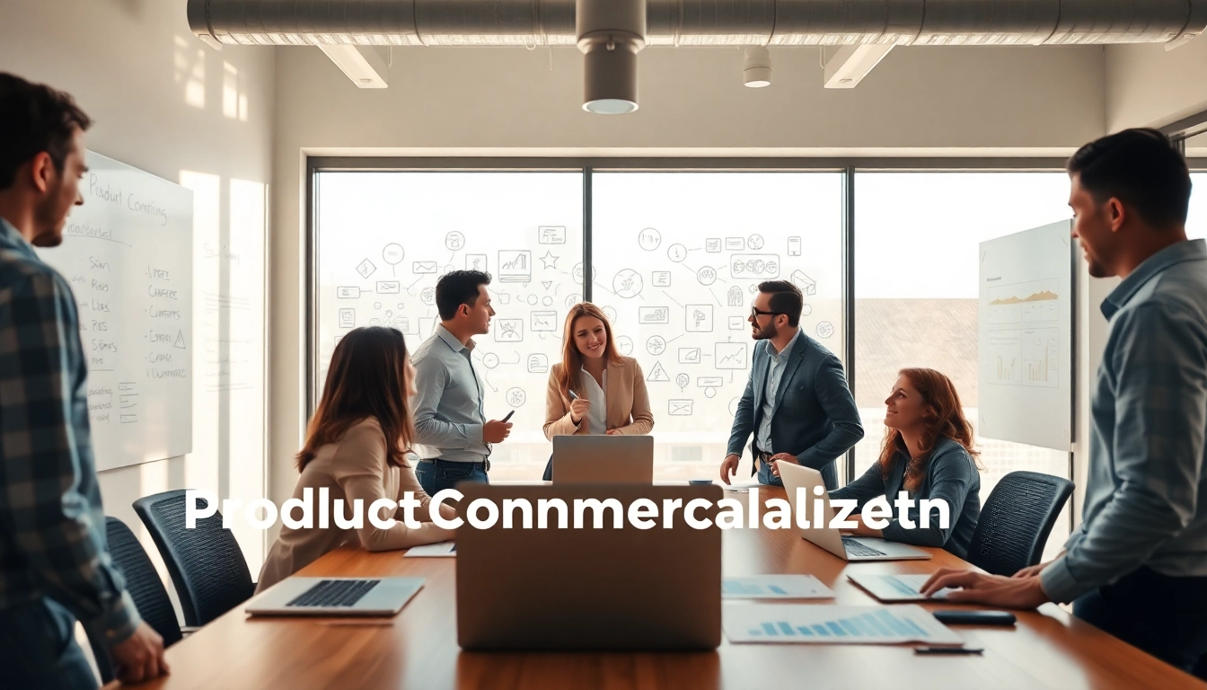 Team discussing Product Commercialization Services in a bright office environment.
