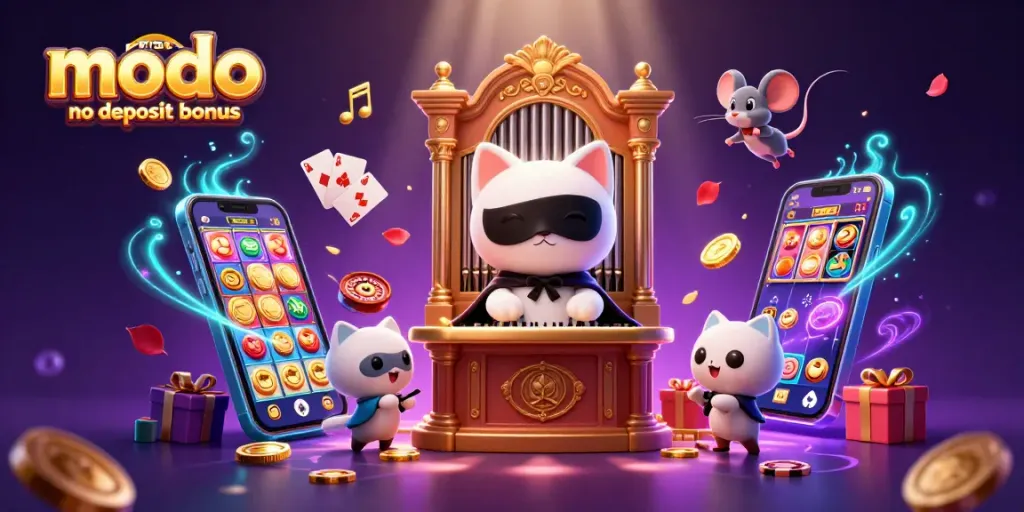 Engage with modo promo code no deposit bonus in this vivid 3D illustration featuring a phantom cat and gaming elements.