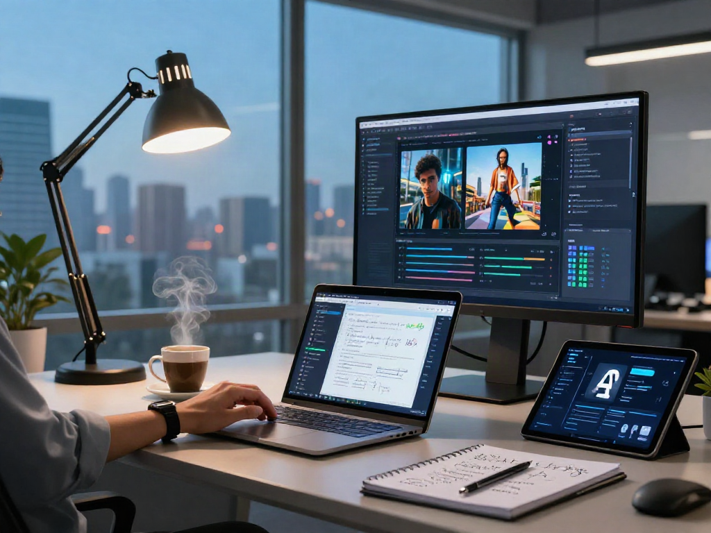AI Image Detector workspace with data scientist analyzing AI-generated visuals and algorithms on multiple screens.