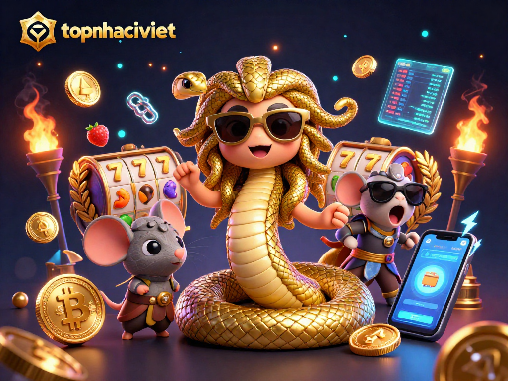 Engage with topnhacaiviet's lively gaming scene featuring Medusa and a warrior mouse amidst exciting casino elements.