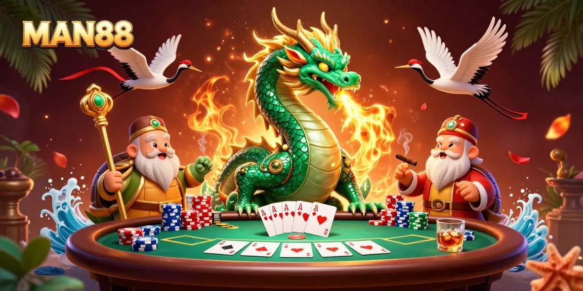 Experience the thrill of online gaming with MAN88's dynamic casino illustration featuring poker and legendary creatures.