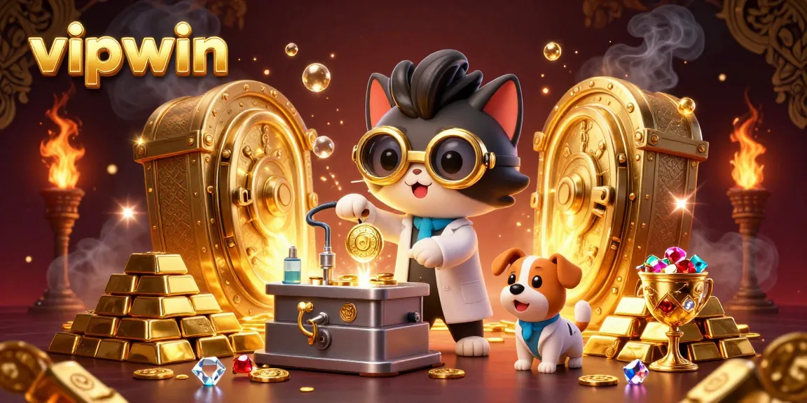 Experience the excitement at vipwin with a cartoon cat creating coins in a lively casino world.