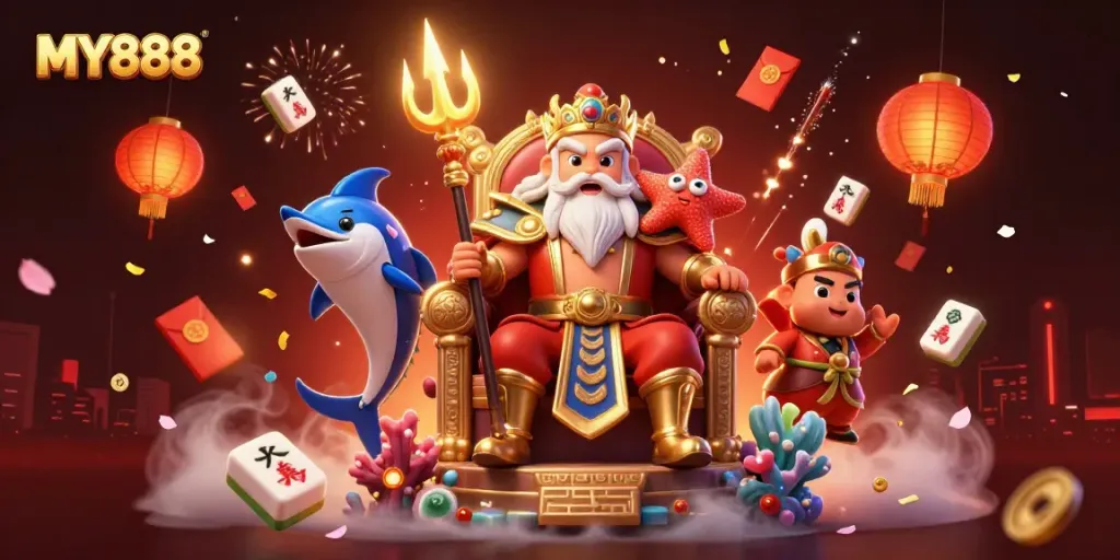 Experience the thrill of MY888 with Neptune as he reigns over a vibrant casino world.