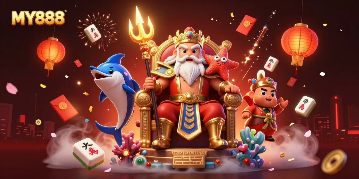 Experience the thrill of MY888 with Neptune as he reigns over a vibrant casino world.