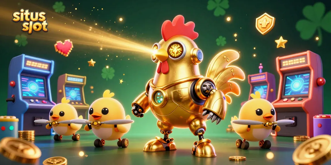 Menghadirkan situs slot dengan robot ayam emas futuristik yang memancarkan cahaya sambil dikelilingi oleh mesin arcade cerah.