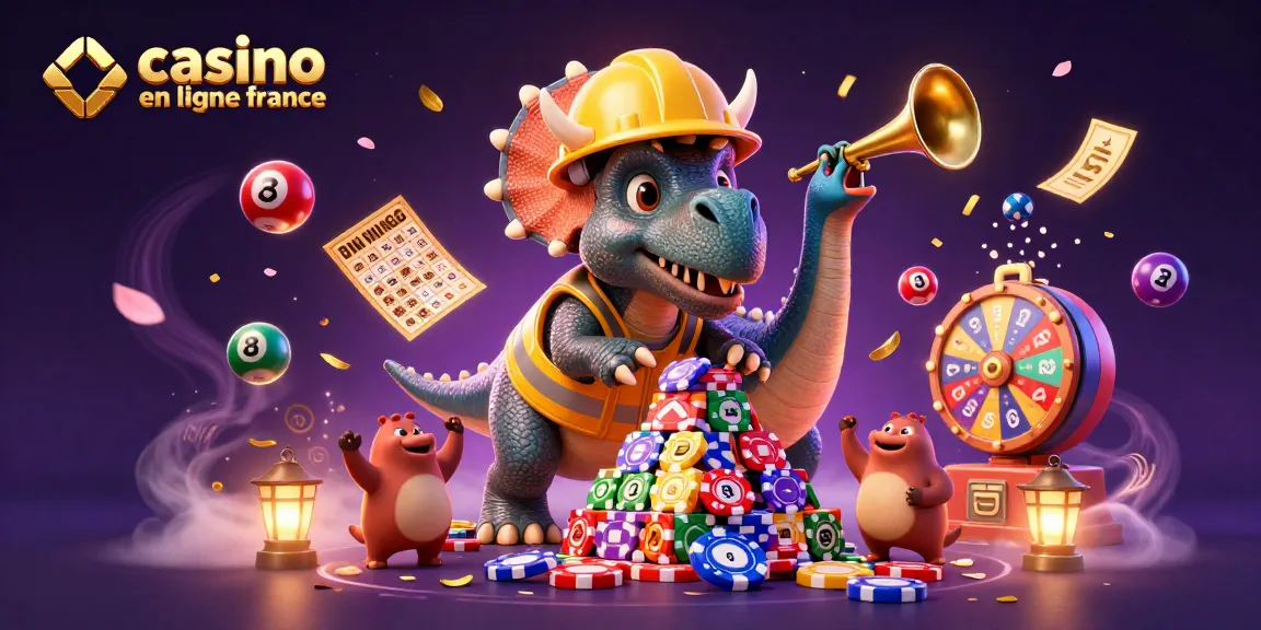 Illustration 3D d'un triceratops et ses amis célébrant un casino en ligne France.
