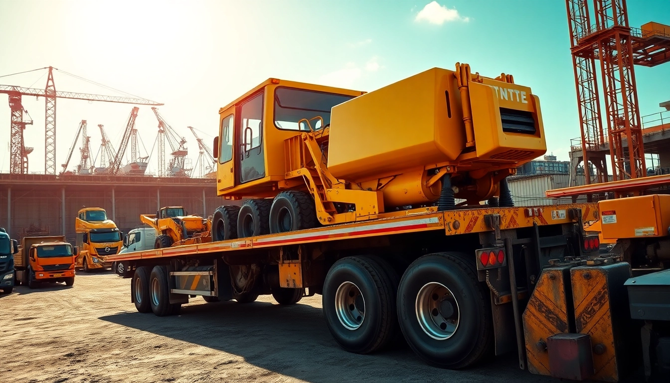 Efficient equipment transportation with heavy machinery loaded on a truck.