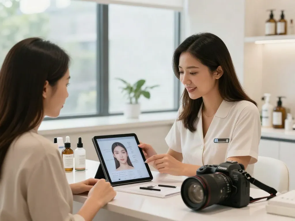 Consultation scene exploring alternatives to QOVES with beauty expert.