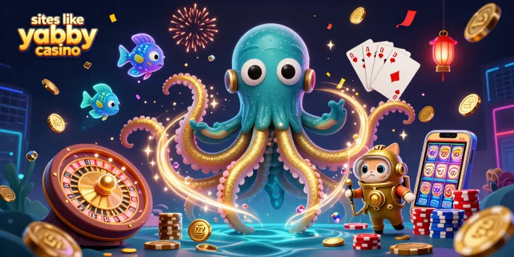 Engage with sites like yabby casino, where a kraken and diving cat celebrate big wins amidst golden coins and casino elements.