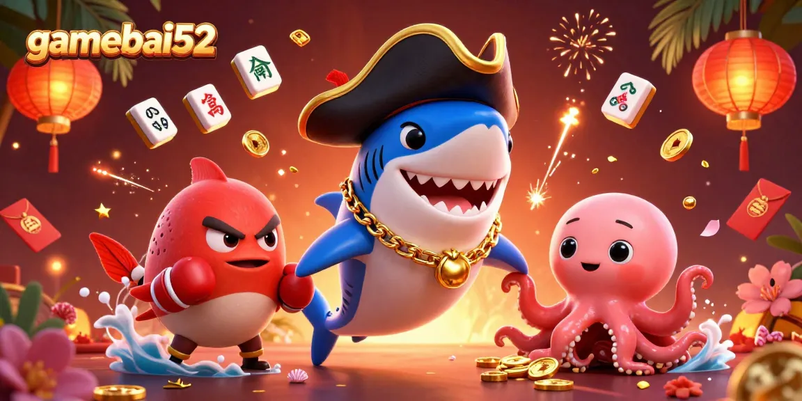 Experience exciting gameplay at gamebai52 with 3D characters from the casino world holding gold coins and festive elements.
