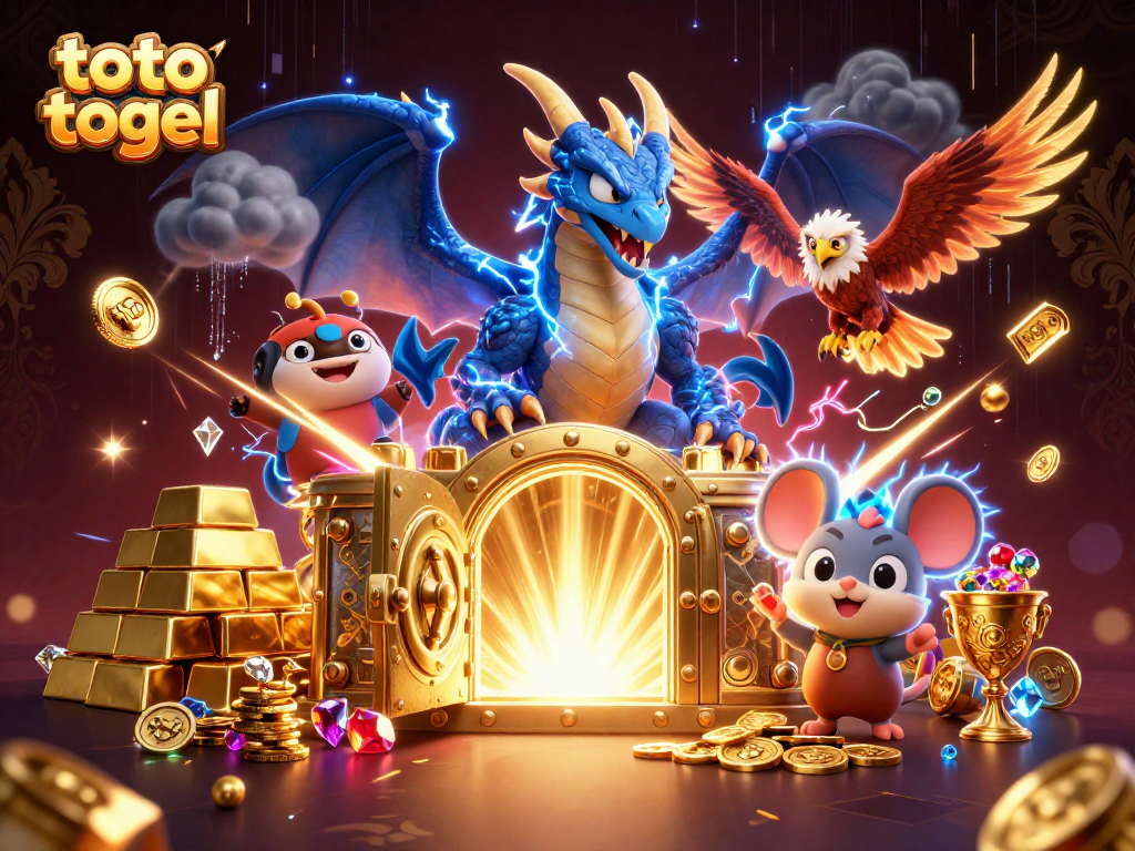 Experience the thrill of toto togel with a 3D illustration of fantasy characters amidst treasures.