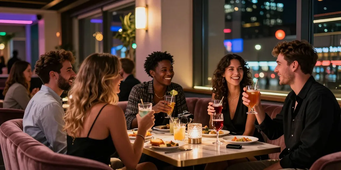 Friends enjoying a night out at an opulent 오피사이트 with vibrant ambiance and luxurious decor.