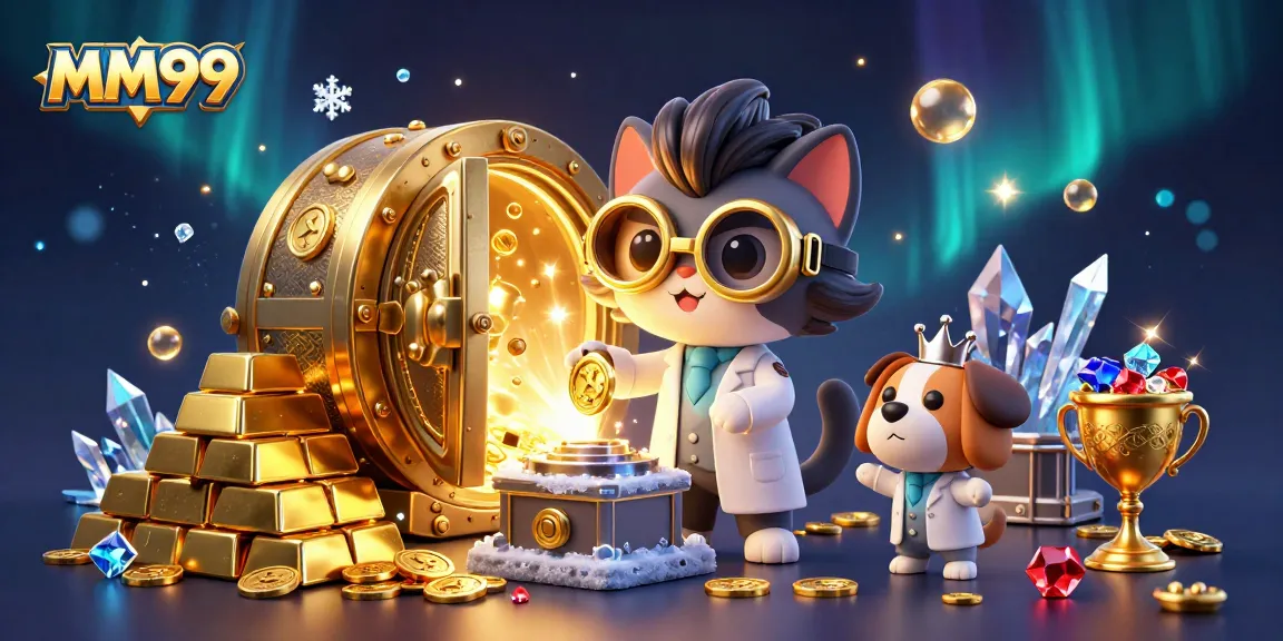Spin the reels with MM99 at the vibrant casino scene featuring golden treasures and 3D characters.
