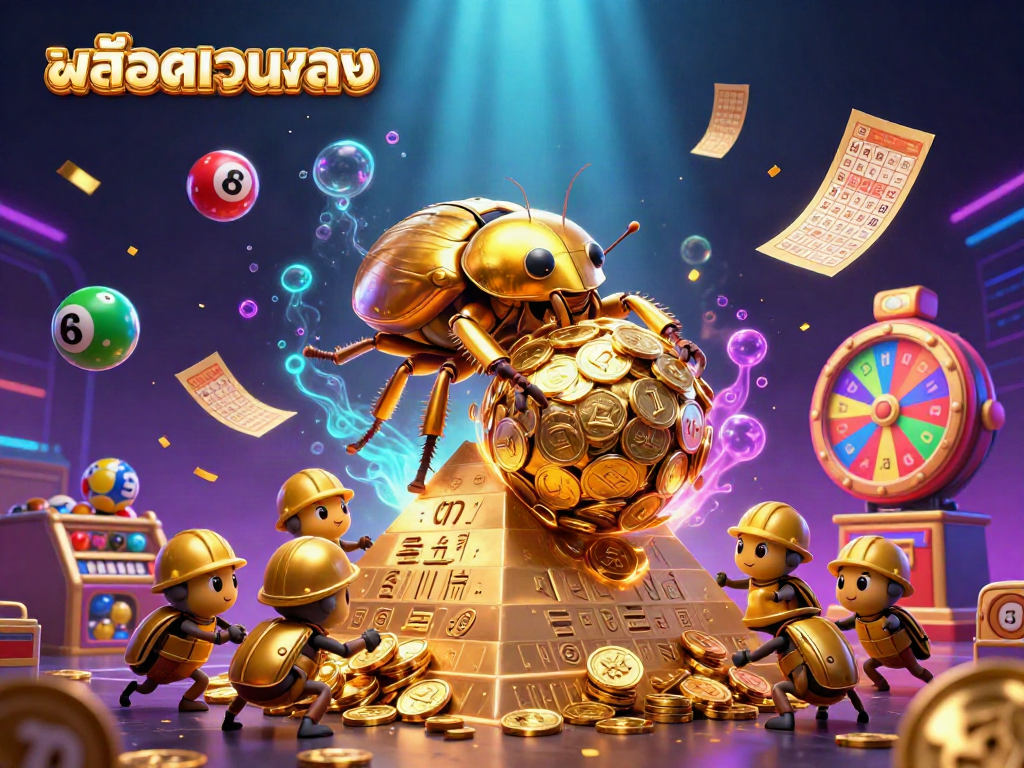 Engage with สล็อตเว็บตรง in this vibrant 3D casino scene featuring golden beetles and bouncing lottery balls.