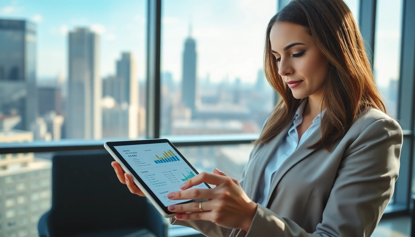 Compare business mobile deals UK with a professional examining options on a digital tablet.