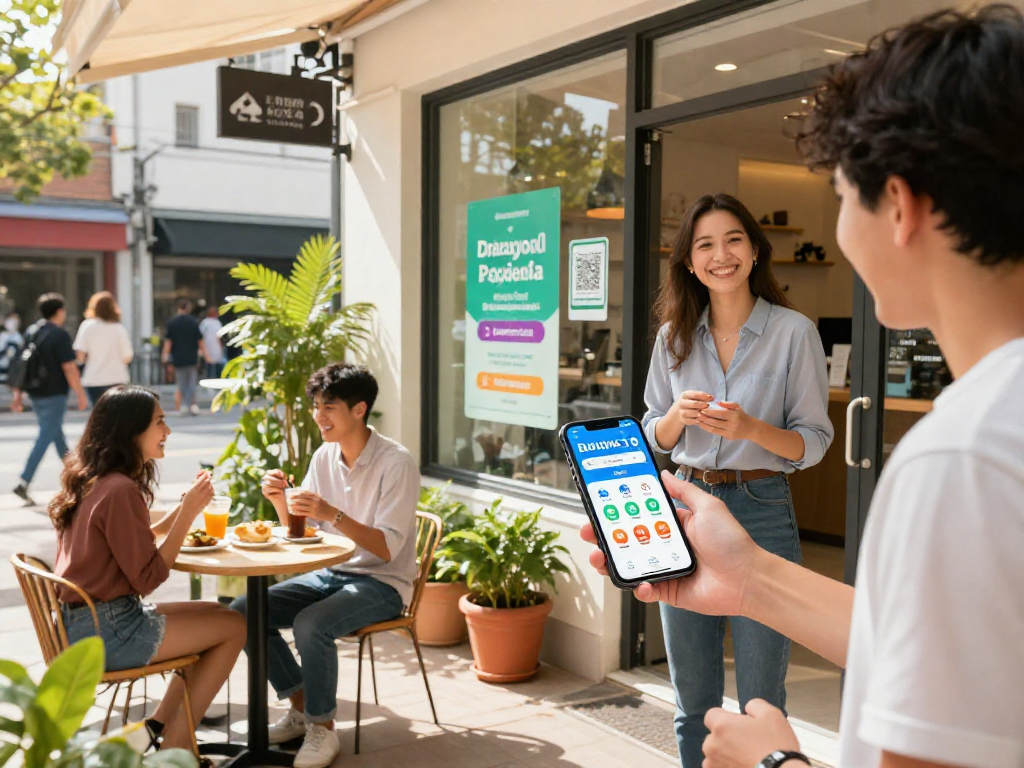 Business owner demonstrating the loyalty app at a welcoming storefront, showcasing customer engagement and rewards.