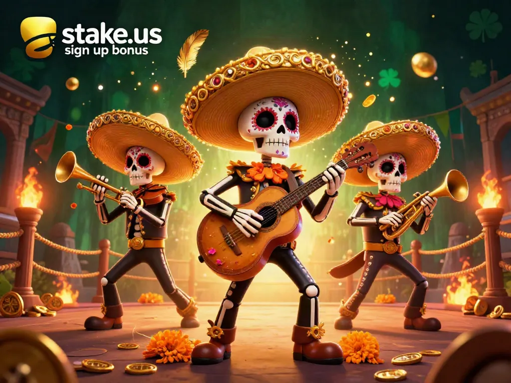 Experience the exciting stake.us sign up bonus with vibrant 3D mariachi characters amidst a swirling gold coin spectacle.