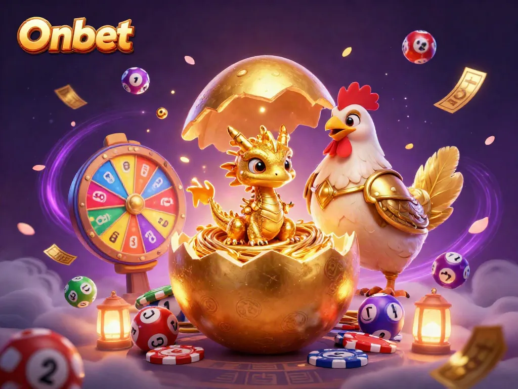 Experience thrilling gaming with Onbet as a golden egg reveals a majestic dragon amid a vibrant casino atmosphere.